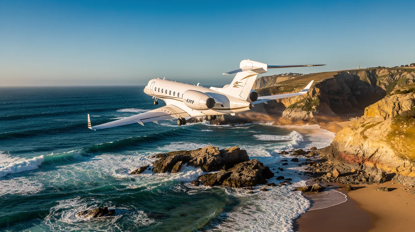A private jet is taking off above a beautiful coastline under clear weather conditions, showcasing the elegance of private charter flights as it ascends into the sky. The scene highlights the luxury of flying private, with the vast ocean and shoreline in the background, emphasizing an exclusive travel experience.