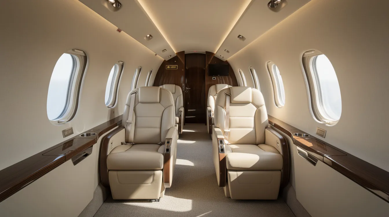 The image depicts an elegant private jet cabin featuring plush leather seats bathed in soft natural light, creating a luxurious atmosphere ideal for leisure travel or corporate events. This spacious cabin exemplifies the comfort and exclusivity of private charter flights, providing a serene environment for passengers during their journey.