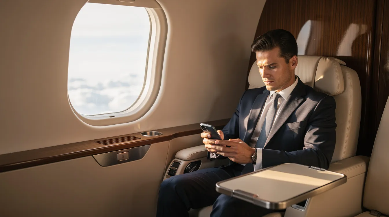 An executive is seated beside a private jet cabin window, engrossed in a mobile device, symbolizing the convenience of private jet travel for business professionals. The spacious cabin reflects the luxurious atmosphere of private jet charter services, catering to discerning travelers.