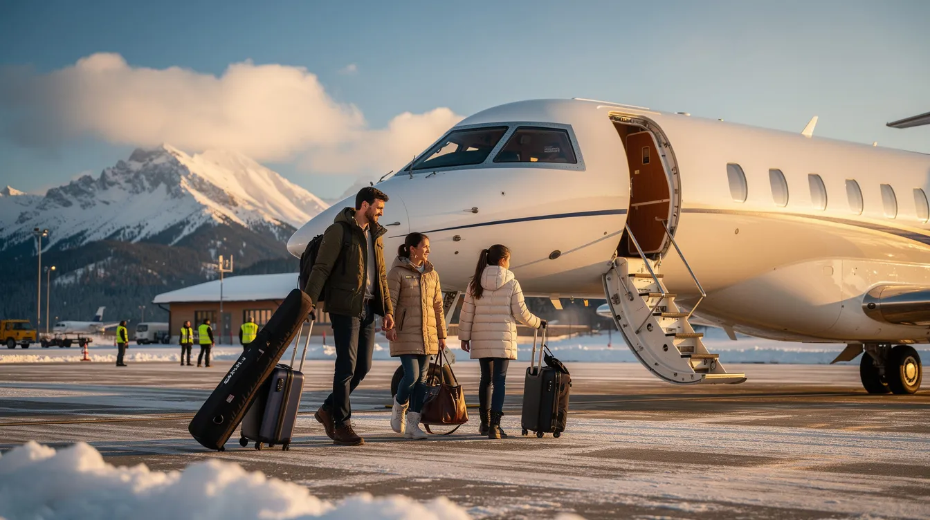 A family is boarding a private jet at a mountain airport, surrounded by winter luggage and scenic snowy peaks. This image captures the essence of private jet travel, showcasing the convenience and luxury of charter flights for discerning travelers.