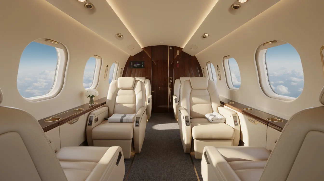 The image depicts a spacious private jet cabin featuring luxurious leather seats, soft ambient lighting, and large windows that showcase a breathtaking view of the clouds. This setting highlights the comfort and elegance of private jet travel, ideal for those seeking premium private jet charter services.