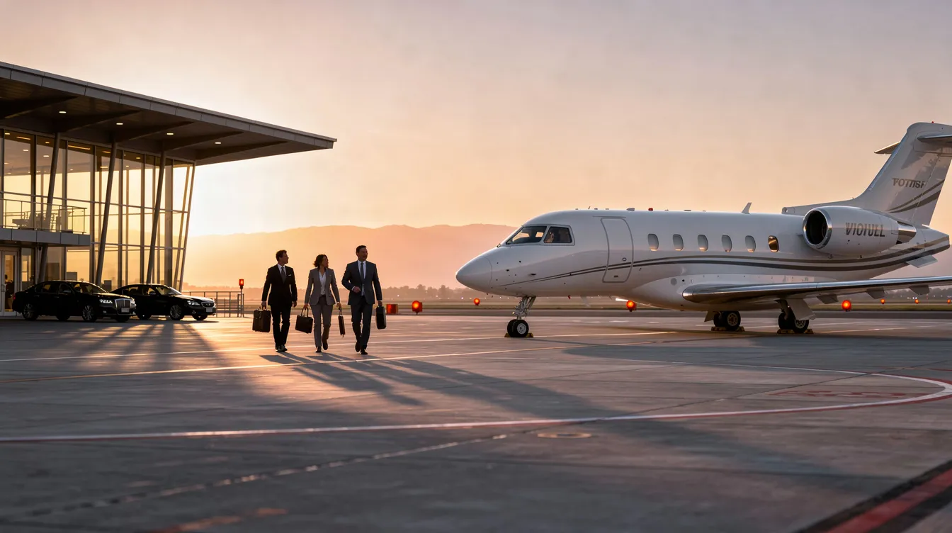 A private jet is parked beside a quiet executive terminal at sunrise, with passengers walking toward the aircraft, ready for their charter flight. This scene captures the essence of private aviation, showcasing the convenience and luxury of private jet travel.