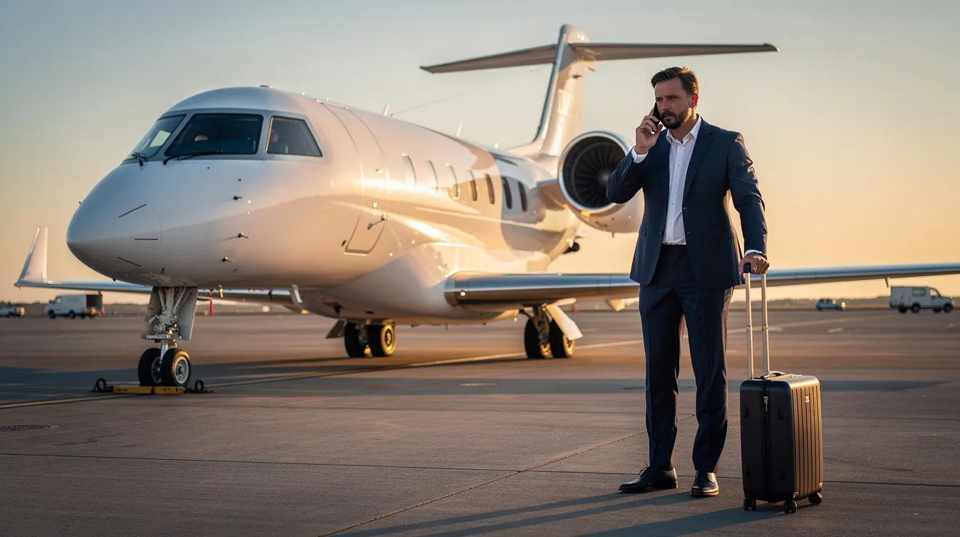 An executive traveler stands beside a private aircraft on a quiet airport ramp, engaged with their mobile phone, likely coordinating their private jet travel plans. The scene reflects the convenience and luxury of private jet charter services, providing a glimpse into the world of flying private.