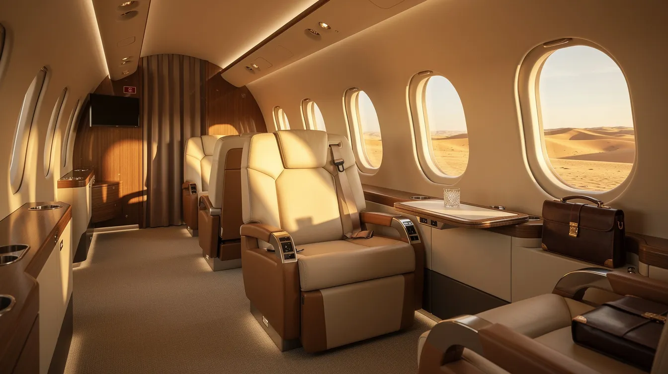 The image depicts a luxurious private jet cabin featuring plush leather seats, bathed in warm desert light streaming through the windows. This elegant interior reflects the high standards of private jet charters, providing a comfortable and stylish environment for passengers flying to destinations like Scottsdale and beyond.