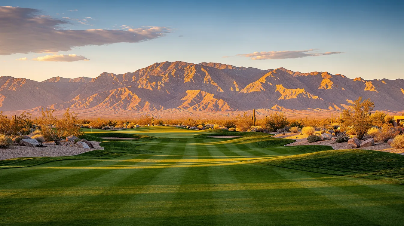 The image depicts a lush golf course fairway set against the backdrop of the rugged McDowell Mountains, a characteristic feature of the Sonoran Desert in Arizona. This scenic view highlights the beauty of Scottsdale, a popular destination for luxury resorts and private jet charter services.