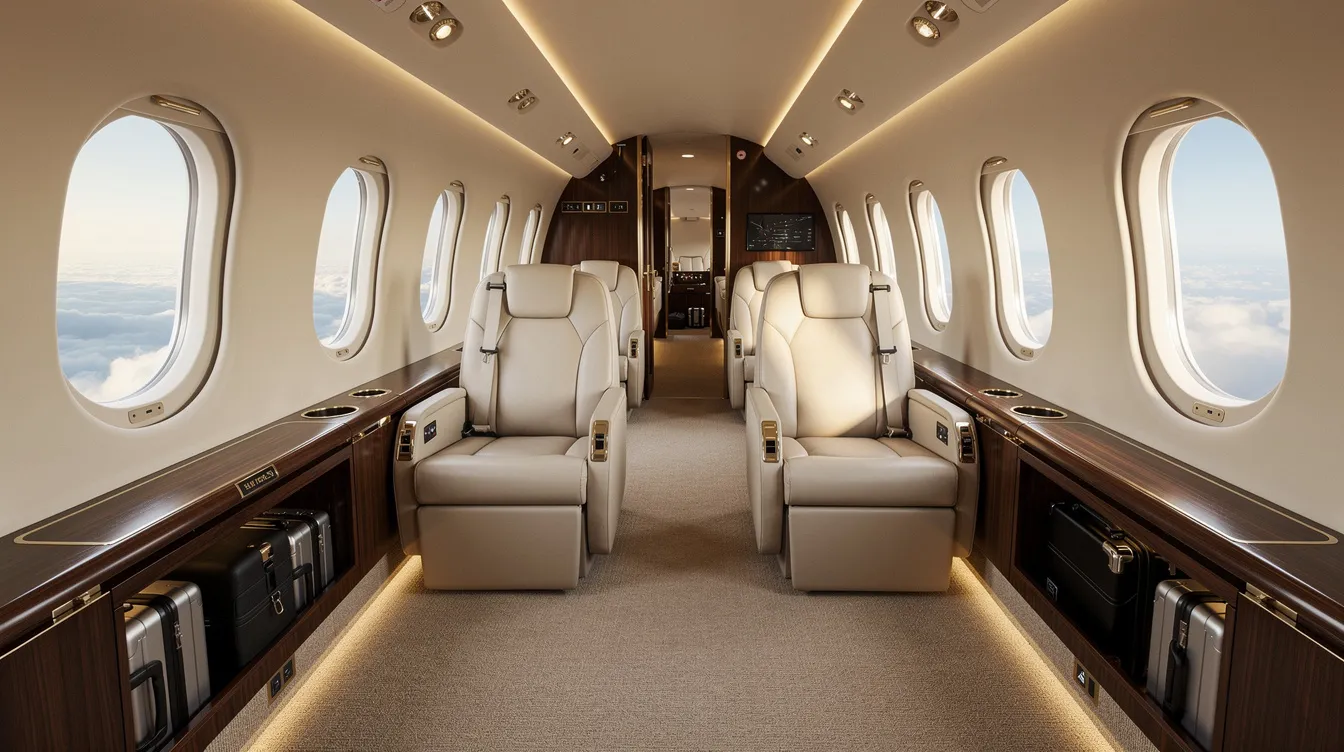 The image depicts an elegant private jet cabin featuring plush leather seats and wide windows that allow natural light to fill the space, while luggage is neatly stored, showcasing the luxury and comfort of private jet travel. This inviting interior is designed for discerning travelers seeking a premium flying experience.