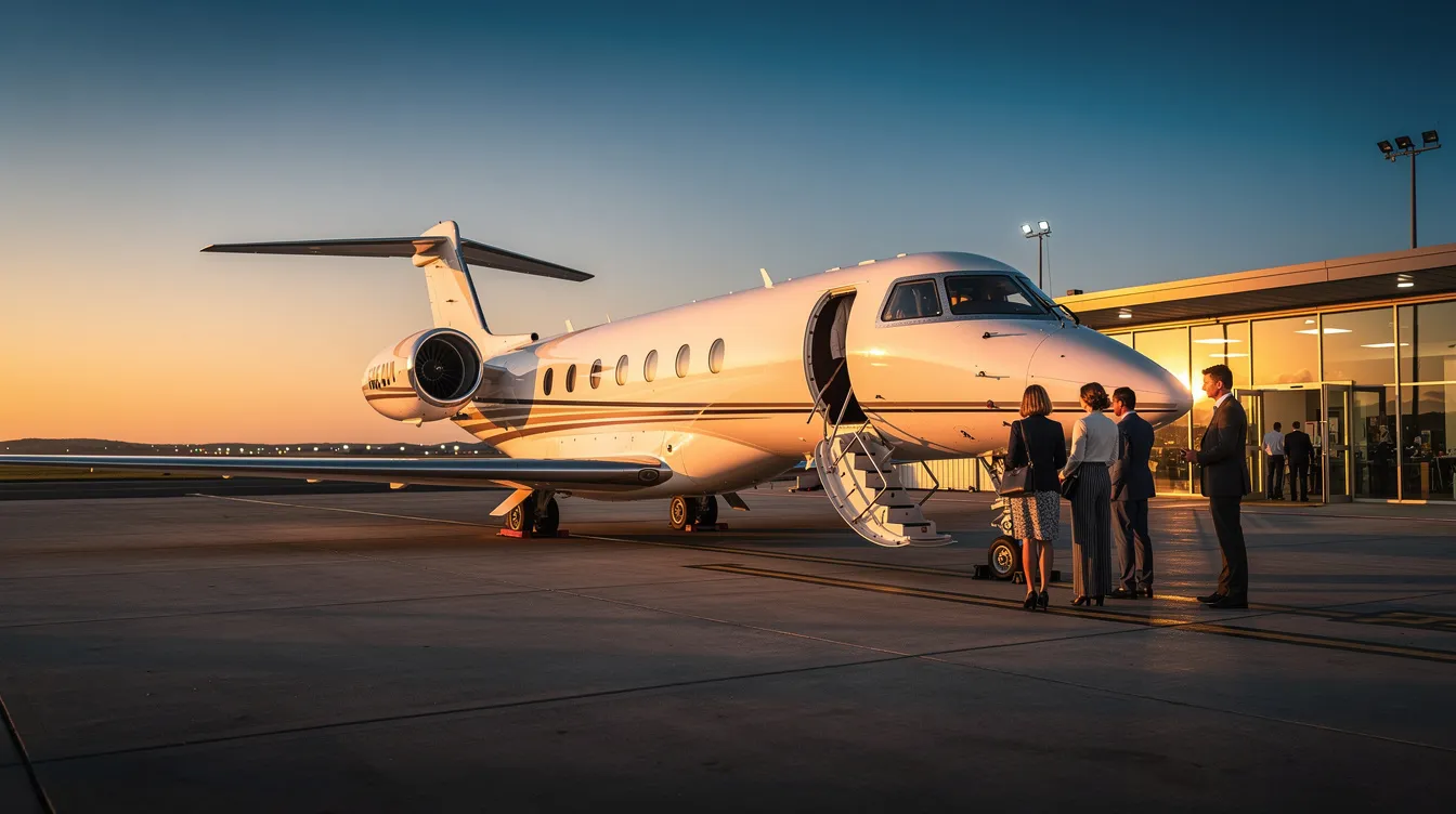 A private jet is parked near a quiet terminal at sunset, with passengers boarding discreetly, showcasing the elegance of private jet travel. This scene highlights the convenience and luxury of private jet charter services, catering to discerning travelers seeking a seamless travel experience.