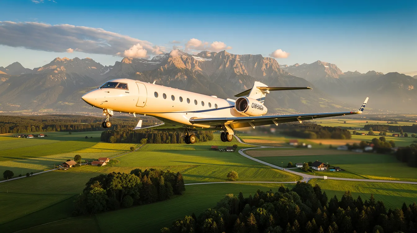 A private jet is taking off against a backdrop of lush green landscapes and distant mountains, symbolizing the luxury and freedom of private jet travel. This scene captures the essence of private jet charter services, appealing to discerning travelers seeking exceptional service and flexibility in their travel plans.