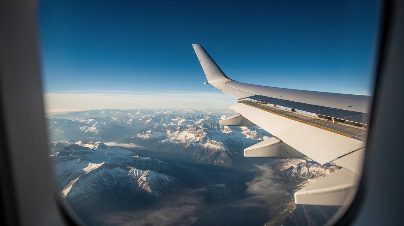 The image depicts the wing of a luxury aircraft soaring over majestic mountains, showcasing the beauty of private aviation and the serene landscapes below. This scene highlights the allure of charter flights and the unique experience of traveling in a private jet.