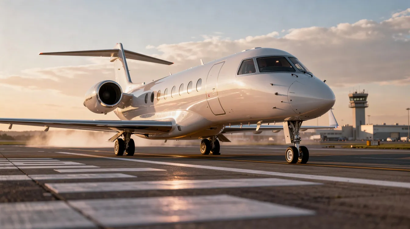 A sleek private jet is positioned on a runway, ready for takeoff, showcasing the luxury of private aviation. This aircraft symbolizes the convenience of charter flights, offering an exclusive travel experience for passengers seeking customized journeys.