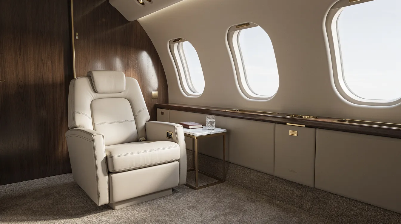 The image depicts the serene interior of a luxury cabin inside a private aircraft, showcasing plush seating, elegant finishes, and ambient lighting, ideal for private jet travel. This tranquil setting reflects the high service quality and comfort that clients can expect from a good broker in the private aviation industry.