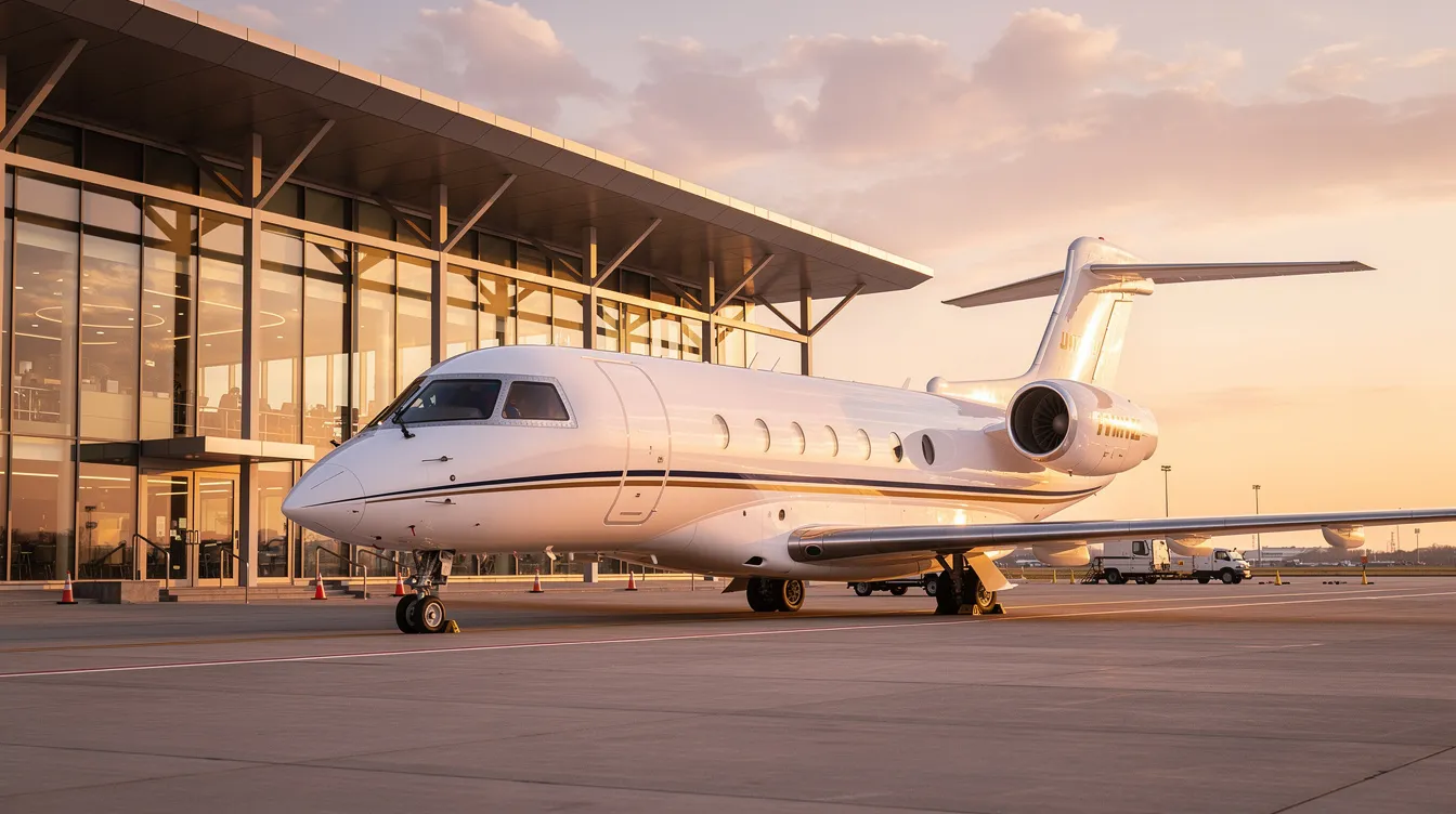 A private jet is parked beside a sleek airport terminal, showcasing the luxurious side of private aviation. This image highlights the convenience and efficiency of private jet travel, perfect for clients seeking a seamless flying experience.