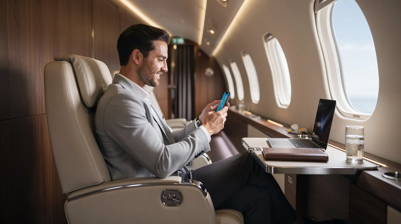 A traveler is seated in a luxurious private jet cabin, focused on a mobile device while enjoying the comfort of private jet travel. The refined interior showcases plush seating and elegant design, reflecting the premium service associated with private jet charter flights.