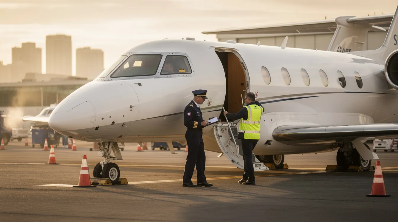 A private aviation flight crew is meticulously inspecting a private jet before departure, ensuring all safety protocols are followed for a smooth private jet charter flight. The team, consisting of two pilots, checks various aircraft components, highlighting the attention to detail that characterizes premium private jet charter services.