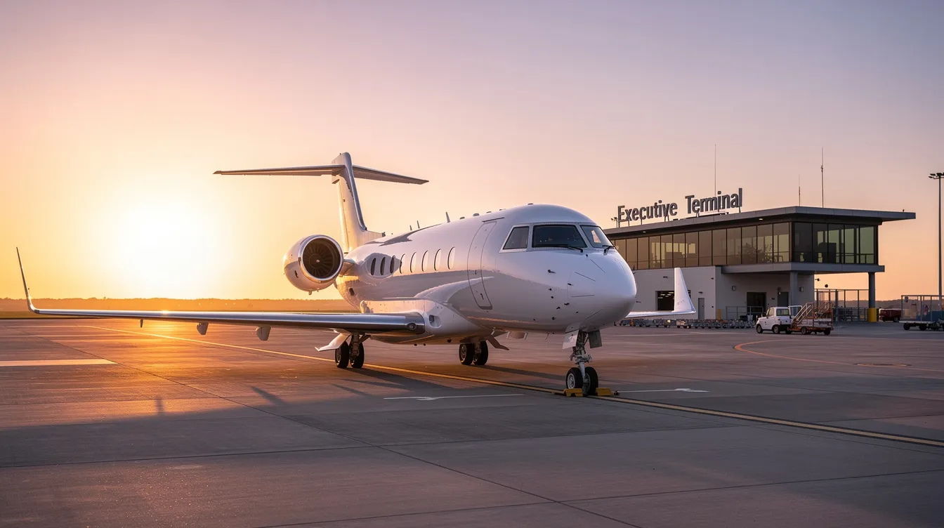 A sleek private jet is parked quietly near a discreet executive terminal, bathed in the warm hues of a sunrise. This scene captures the essence of private jet travel, offering a luxurious and convenient alternative to commercial air travel for business executives and high net worth individuals.