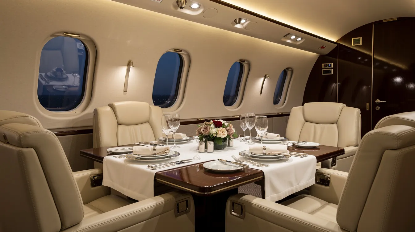 The image depicts a luxurious dining area inside a Boeing business jet, featuring an elegantly set table under soft cabin lighting, creating an inviting atmosphere for passengers. The spacious cabin is designed for ultimate private travel experience, ensuring unmatched comfort during long haul flights.