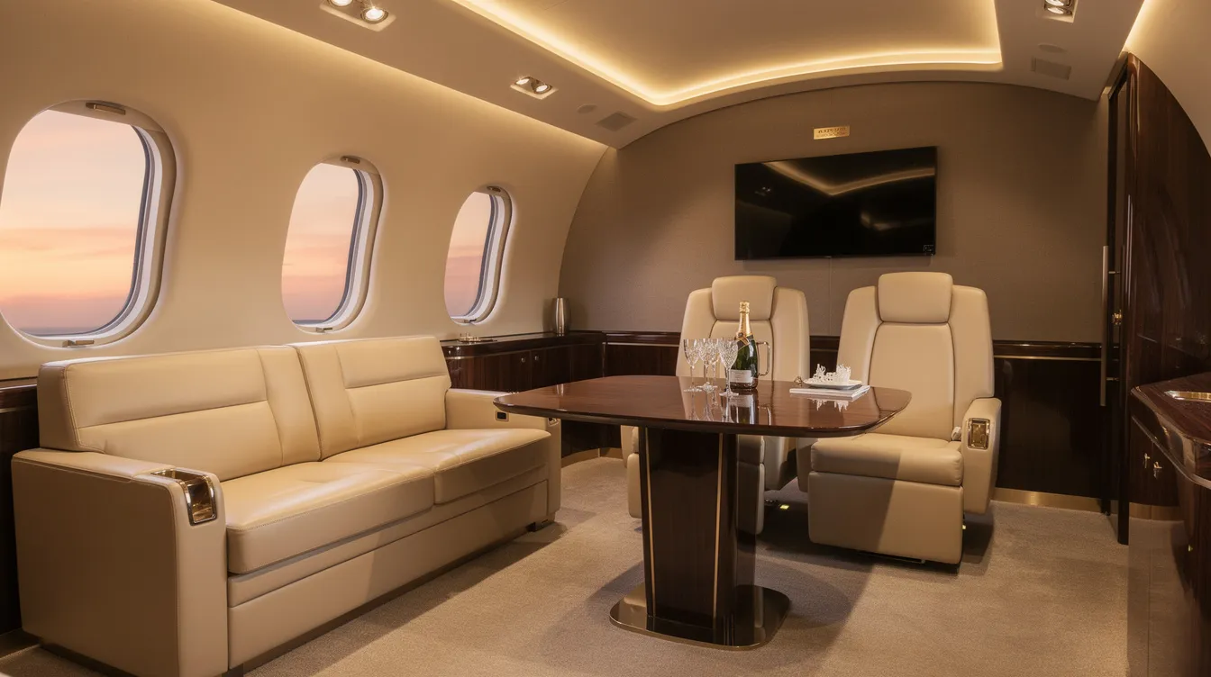 The image depicts an elegant Boeing business jet cabin featuring spacious seating areas with plush sofas and dining seats, all illuminated by warm lighting, creating an inviting atmosphere for passengers. This luxurious interior is designed for the ultimate private travel experience, accommodating long haul flights with unmatched comfort and style.