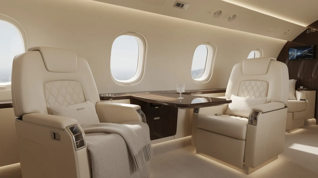 The image depicts an elegant private jet cabin featuring cream leather seating and large windows that offer a luxurious travel experience for passengers. This sophisticated environment is ideal for business journeys, providing comfort and style for those seeking private flights.
