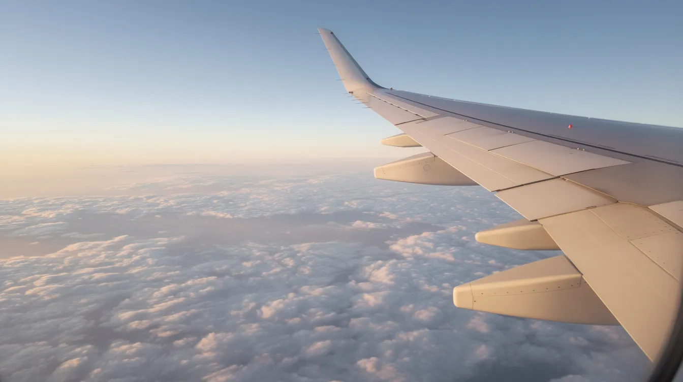 The image features a modern aircraft wing soaring above a blanket of soft, fluffy clouds, illuminated by gentle sunlight under an expansive open sky. This scene captures the essence of luxury private flights, offering passengers a serene journey through the skies.