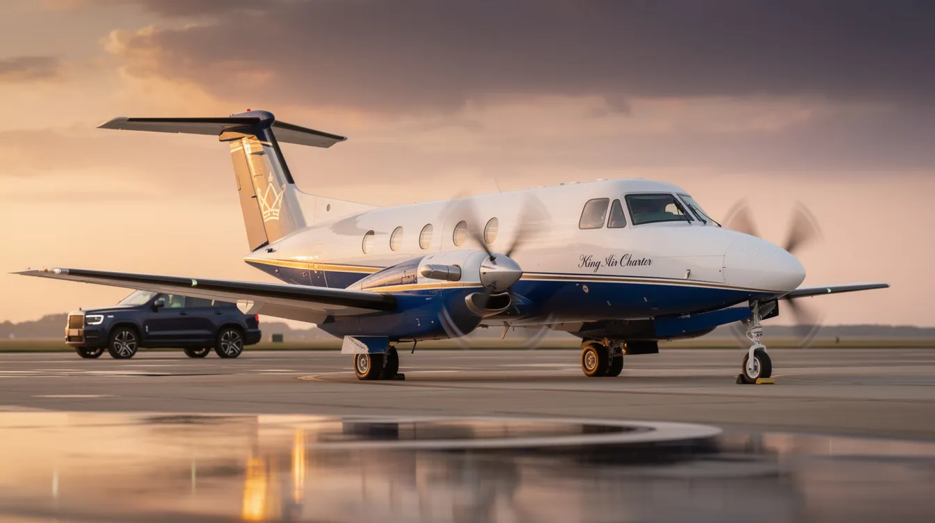 The image showcases a Beechcraft King Air 350, a popular turboprop aircraft known for its spacious cabin and impressive range, ideal for charter flights over short to medium distances. Featuring a pressurized cabin, private lavatory, and a built-in refreshment center, this aircraft provides passenger comfort and a lasting experience for leisure travelers.