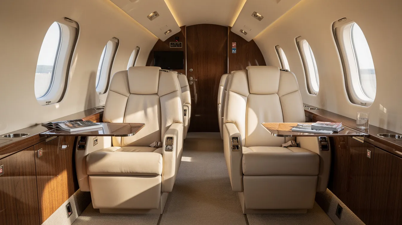 The image depicts a luxurious executive aircraft cabin featuring plush leather seats bathed in soft window light, designed for passenger comfort and relaxation. This spacious cabin, characteristic of the Beechcraft King Air family, showcases a double club configuration ideal for leisure travelers on charter flights.