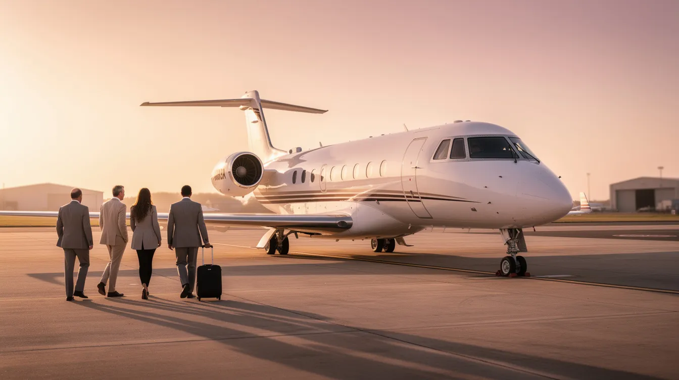 A private jet is parked on a quiet airport ramp at sunrise, with passengers approaching discreetly, showcasing the elegance of private jet travel. This serene scene highlights the luxury and convenience of private jet charter services for discerning travelers.