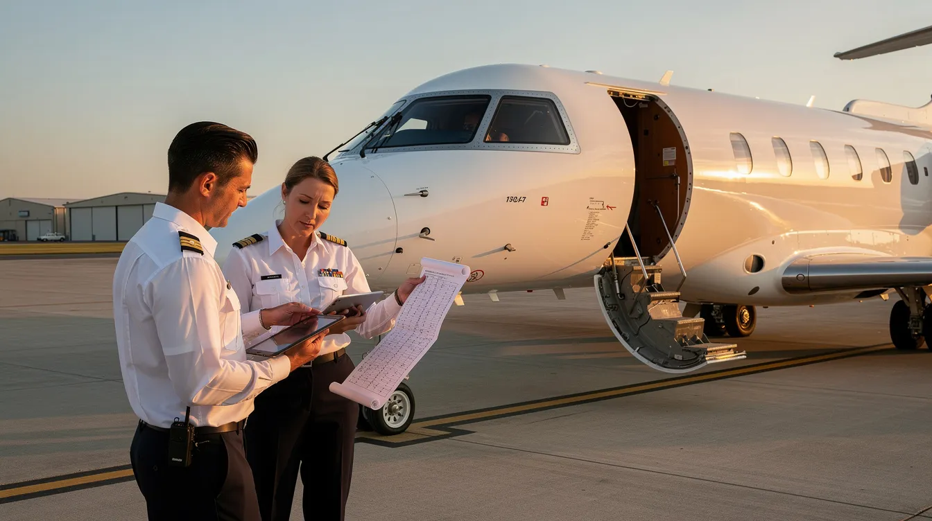 Two pilots are seen reviewing an aircraft on a private airport ramp, preparing for departure. This scene highlights the meticulous attention to detail required in private jet travel, emphasizing the importance of safety and planning before chartering a private jet.