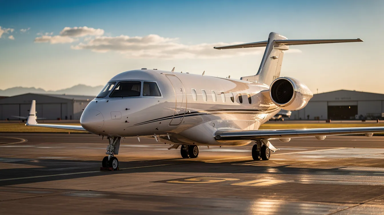 The image depicts a sleek private jet, specifically a Bombardier Learjet, designed to accommodate up to eight passengers with comfortable seating and ample space in the cabin. This private aircraft is well-suited for executive travel, featuring a fully enclosed lavatory and modern amenities for an enjoyable in-flight experience.