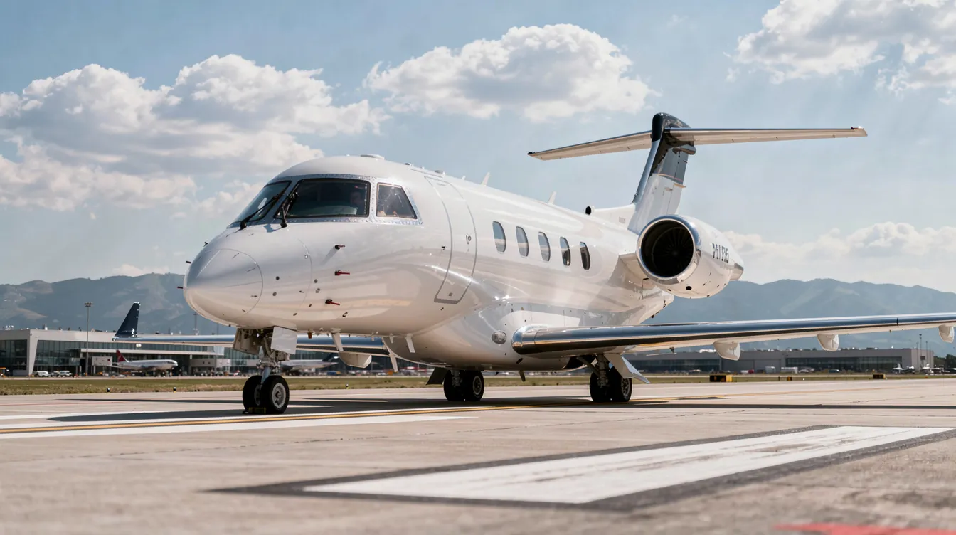 The image features a Bombardier Learjet 75, a sleek and modern private jet designed for executive travel, accommodating up to eight passengers with comfortable seating and ample space. This light jet is known for its fast cruise speeds and advanced avionics system, making it an ideal choice for private jet charters.