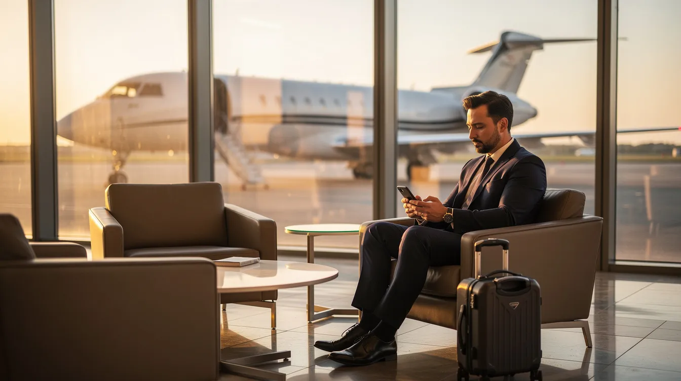 An executive is seated in a luxurious private aviation lounge, using a mobile phone while preparing to board a private jet. The atmosphere is sophisticated, reflecting the high-end service associated with private jet charters in California.