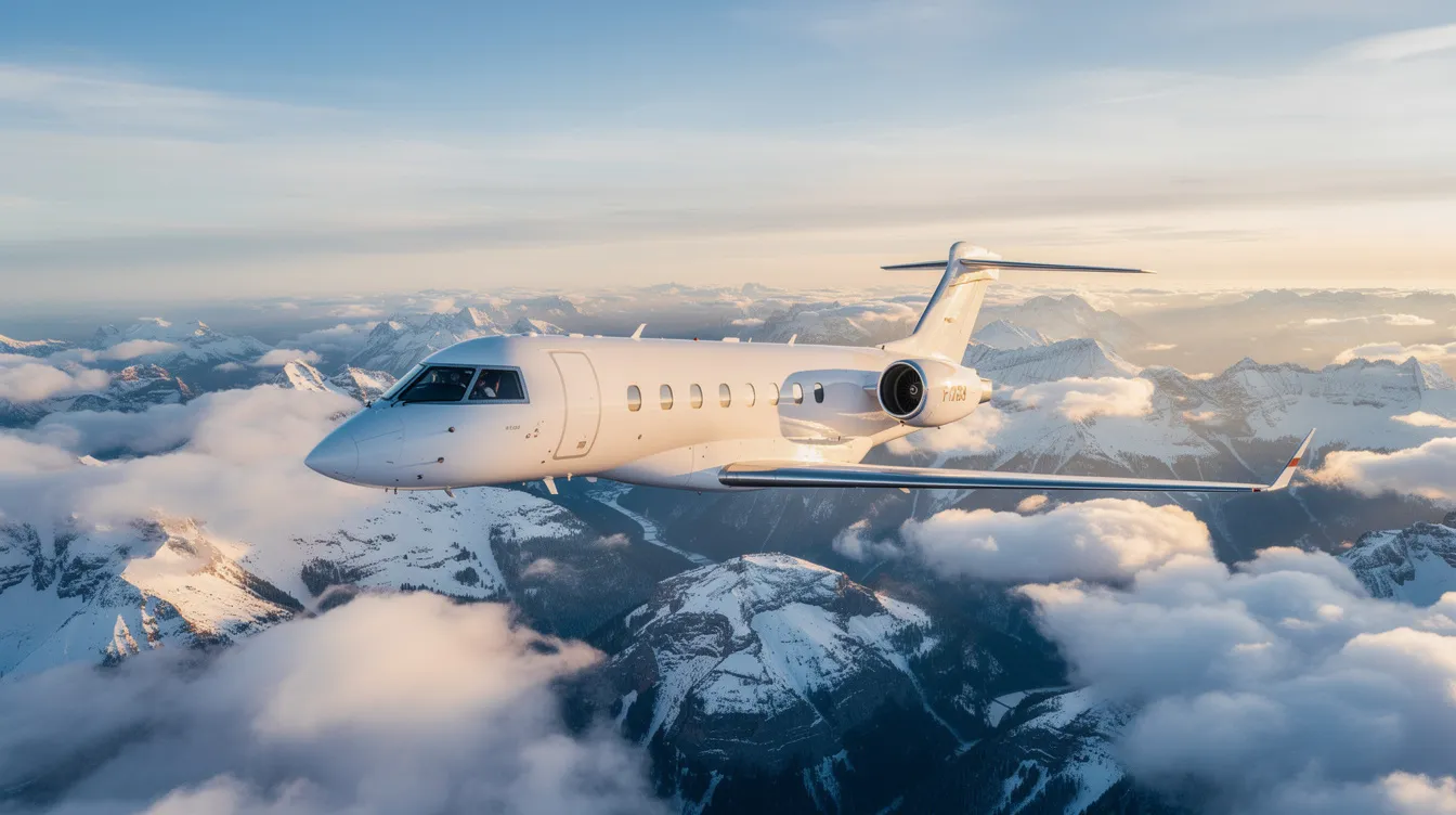 A private jet soars above majestic mountains and fluffy clouds, showcasing the luxurious experience of flying private during a winter route in California. This scene captures the essence of exclusive travel, with the aircraft gliding smoothly through the serene winter sky.