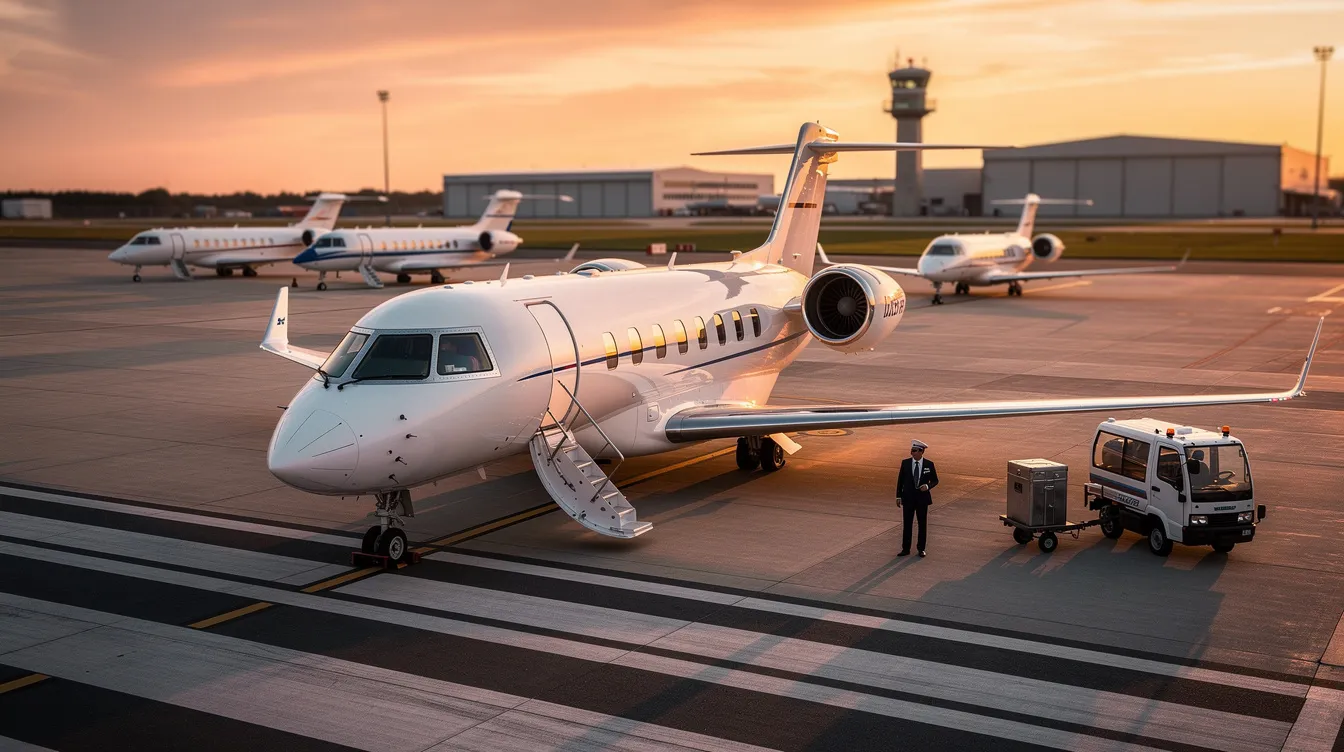 The image showcases a luxurious private jet parked at a sleek airport, ready for passengers embarking on their journey. With spacious cabin amenities and a focus on comfort and safety, this private aviation option exemplifies the quality and convenience of private jet charters for travelers in India and around the world.