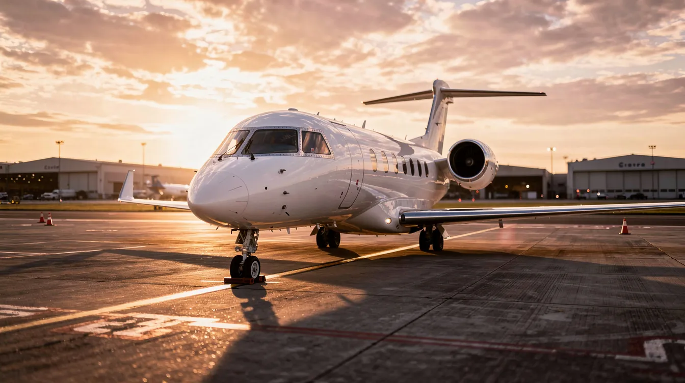 A luxurious private jet sits on the airport apron at sunset, casting a warm glow as the sky transitions to twilight. This scene captures the essence of private aviation, ideal for travelers seeking comfort and efficiency in their journeys.