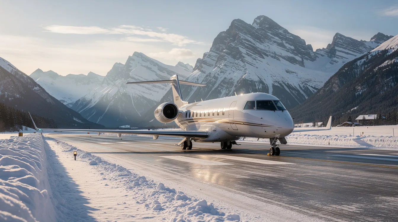 A large private jet is positioned on a snowy runway, with majestic mountains in the background, showcasing the luxury and comfort of private aviation. This scene highlights the benefits of private jet charter for travelers seeking a premium flight experience amidst stunning winter landscapes.