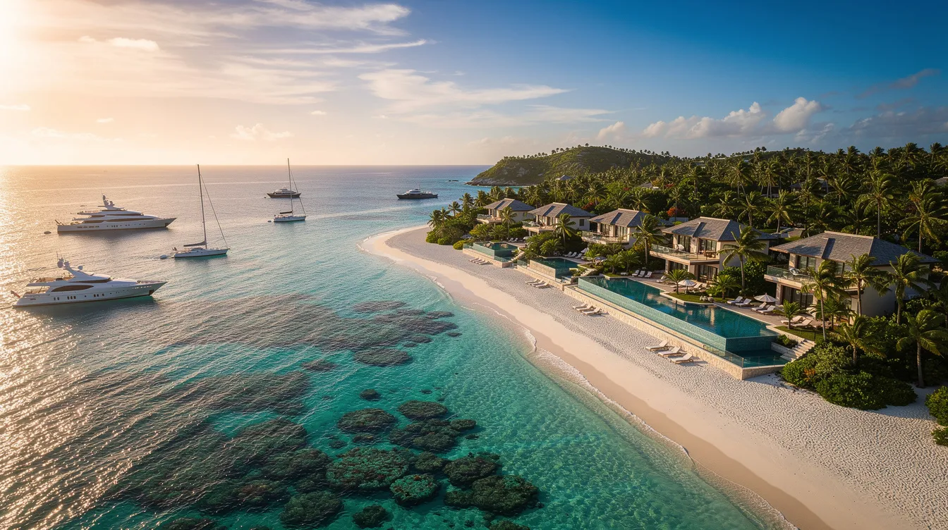 The image showcases a stunning luxury Caribbean coastline, featuring beautiful beaches and crystal-clear waters, perfect for travelers considering private charter flights to the Caribbean. In the distance, lush green islands can be seen, evoking the allure of popular destinations like the US Virgin Islands and British Virgin Islands.