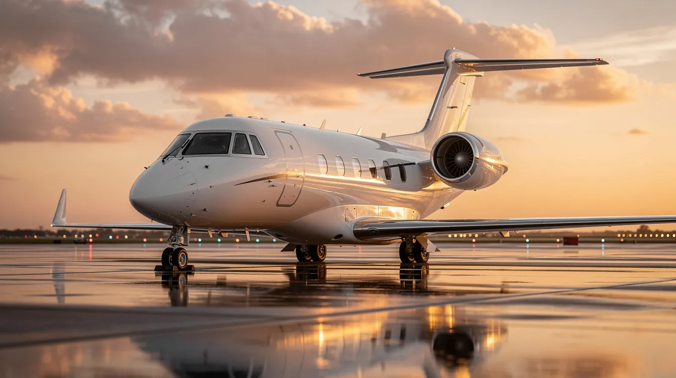 The image depicts a sleek private jet parked at a private terminal, ready for passengers to embark on a luxurious journey to the Caribbean islands. The aircraft showcases modern amenities, reflecting the comfort and exclusivity of private jet charter flights.