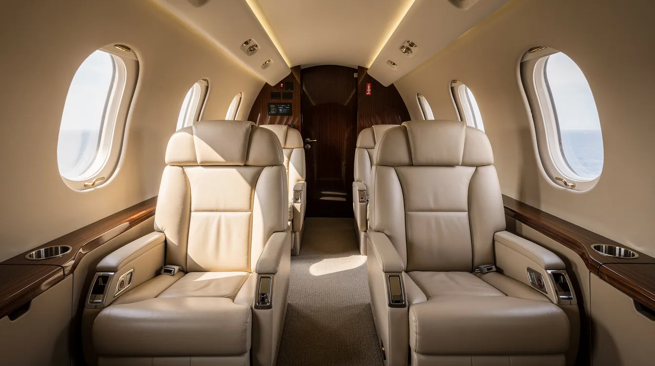 The image depicts a luxurious private jet cabin featuring plush leather seats and soft daylight streaming through oval windows, creating an inviting atmosphere for private jet travelers. This elegant interior exemplifies the comfort and style associated with private jet charter services.
