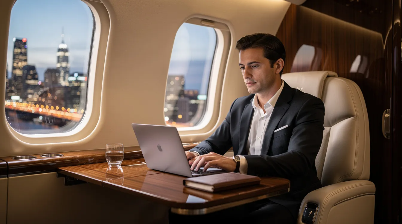 An executive is seated inside a luxurious private jet cabin, focused on their laptop while a stunning city skyline is visible through the large window, showcasing the convenience and comfort of private jet travel. This scene highlights the appeal of private jet charter services for business executives seeking efficient travel solutions.