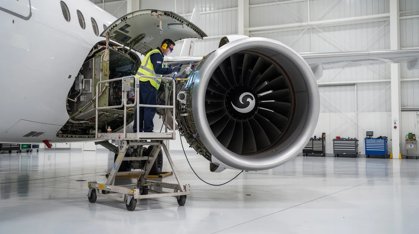 An aircraft technician is diligently inspecting a jet engine in a clean hangar, ensuring all components are in optimal condition for safe flight. This pre-purchase inspection is crucial for buyers looking to make a successful purchase of a used aircraft, providing valuable insights into maintenance and potential costs.