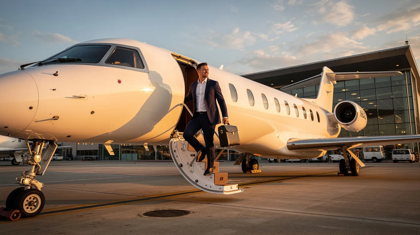 An executive traveler is seen boarding a sleek private aircraft at a modern terminal, showcasing the luxury and convenience of owning a plane. This image represents the significant investment involved in aircraft ownership, including considerations like purchase price, maintenance, and the importance of a pre-buy inspection for a successful purchase.