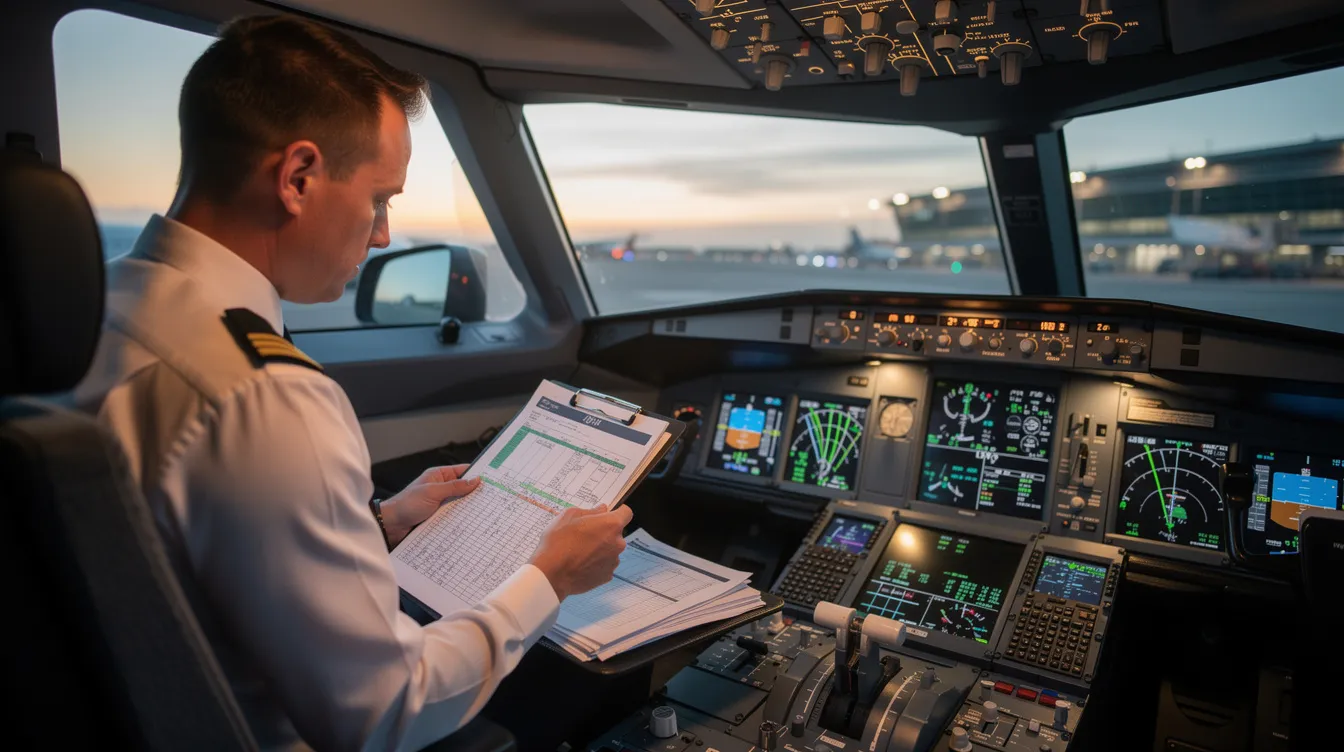A pilot is seated in a modern cockpit, intently reviewing flight plans on a digital display before the departure of a HondaJet. The cockpit features advanced avionics and controls, showcasing the high-tech environment typical of light business jets like the HondaJet Elite II.