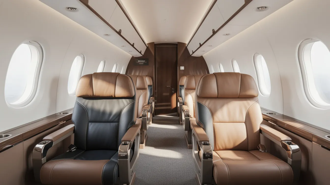 The image depicts an elegant aircraft cabin featuring plush leather seating and ample daylight streaming through oval windows, creating a luxurious atmosphere typical of a Honda Jet interior. This private jet design emphasizes comfort and style, ideal for business aviation and leisure travel.