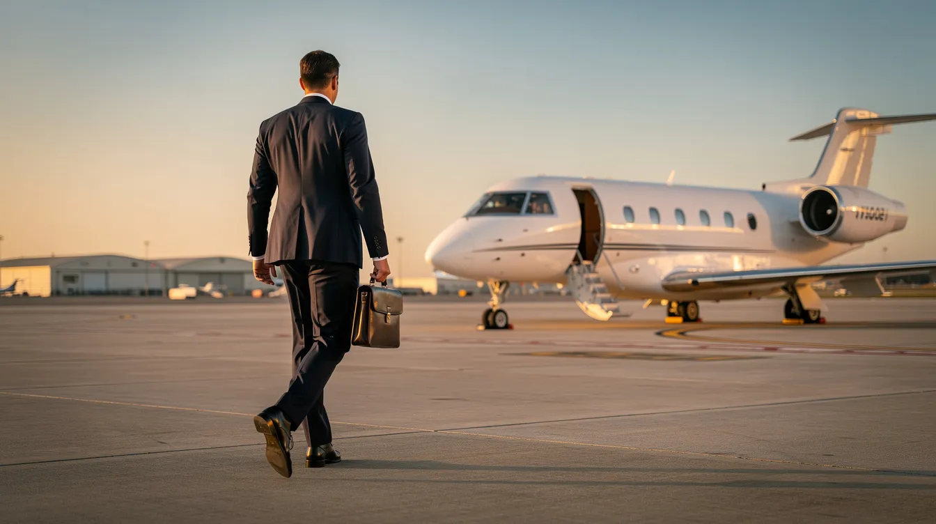 An executive is walking confidently toward a sleek private jet parked on a calm airport ramp, showcasing the allure of aircraft ownership. This scene highlights the importance of regular training and maintenance for aircraft owners, emphasizing the investment in safety and performance in the aerospace industry.