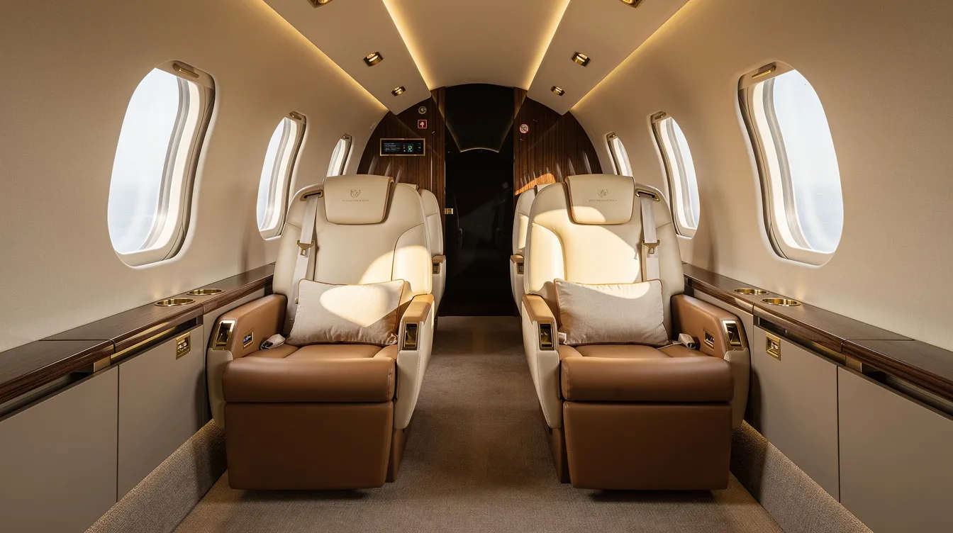 The image showcases luxury cabin seats inside a private aircraft, illuminated by soft natural light, creating an inviting and elegant atmosphere. This setting highlights the comfort and style that aircraft owners seek, often associated with the high initial purchase price and ongoing maintenance considerations in the aerospace industry.