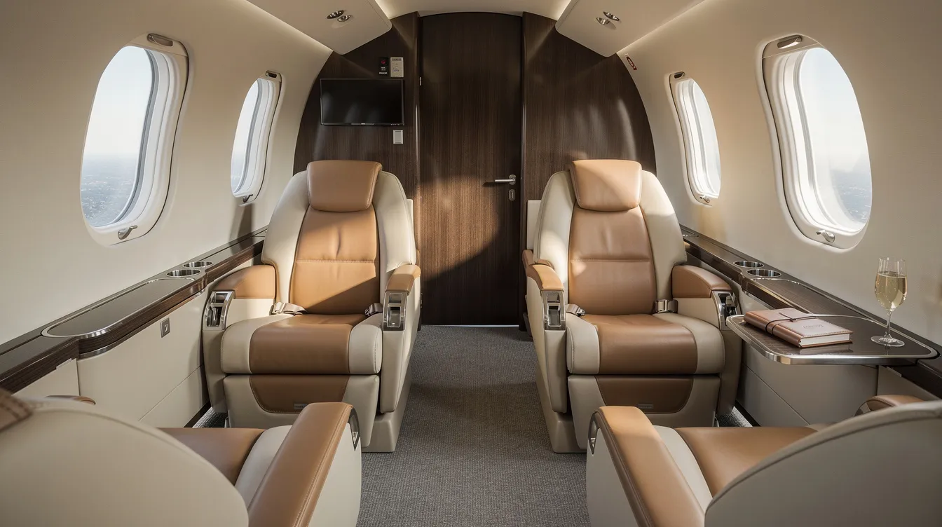 The image depicts a luxurious jet cabin featuring plush leather seats bathed in soft daylight, creating an inviting atmosphere. This elegant space is designed for aircraft owners and business aviation, emphasizing comfort and sophistication in general aviation aircraft.