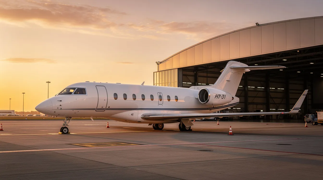 A private jet is parked near an airport hangar, illuminated by the warm hues of sunrise. This scene captures the essence of business aviation, highlighting the aircraft ownership experience and the importance of regular training and maintenance for aircraft owners.