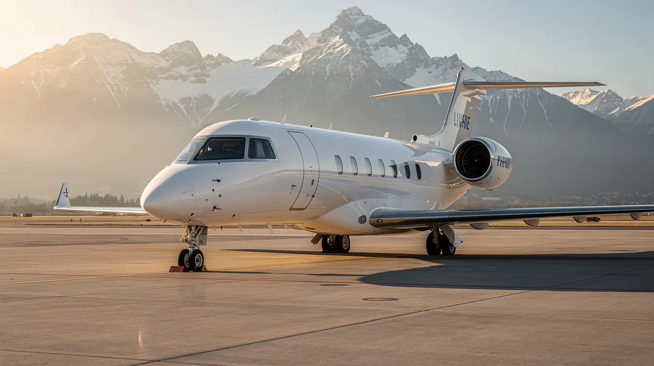 A private jet is parked on a quiet ramp, with majestic mountains visible in the background, highlighting a serene aviation environment. This versatile aircraft symbolizes the costs of ownership, including fuel prices and maintenance expenses, essential for aircraft owners considering their annual fixed costs.