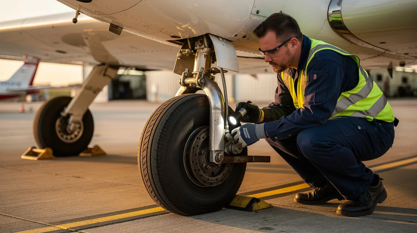 An aircraft mechanic is closely inspecting the wheel and landing gear of a small bush plane, ensuring its condition meets quality assurance standards. This thorough pre-purchase inspection is crucial for aircraft owners to understand maintenance needs and associated costs before making an airplane purchase.