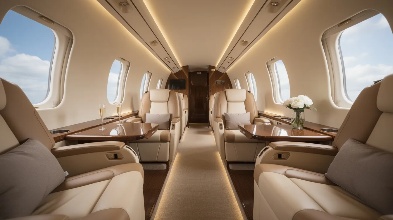 The image showcases an elegant private jet cabin featuring luxurious leather seating and expansive windows, creating a spacious and comfortable environment for private travel. This setting highlights the appeal of private jet ownership and charter services, perfect for business jets or leisurely flights.