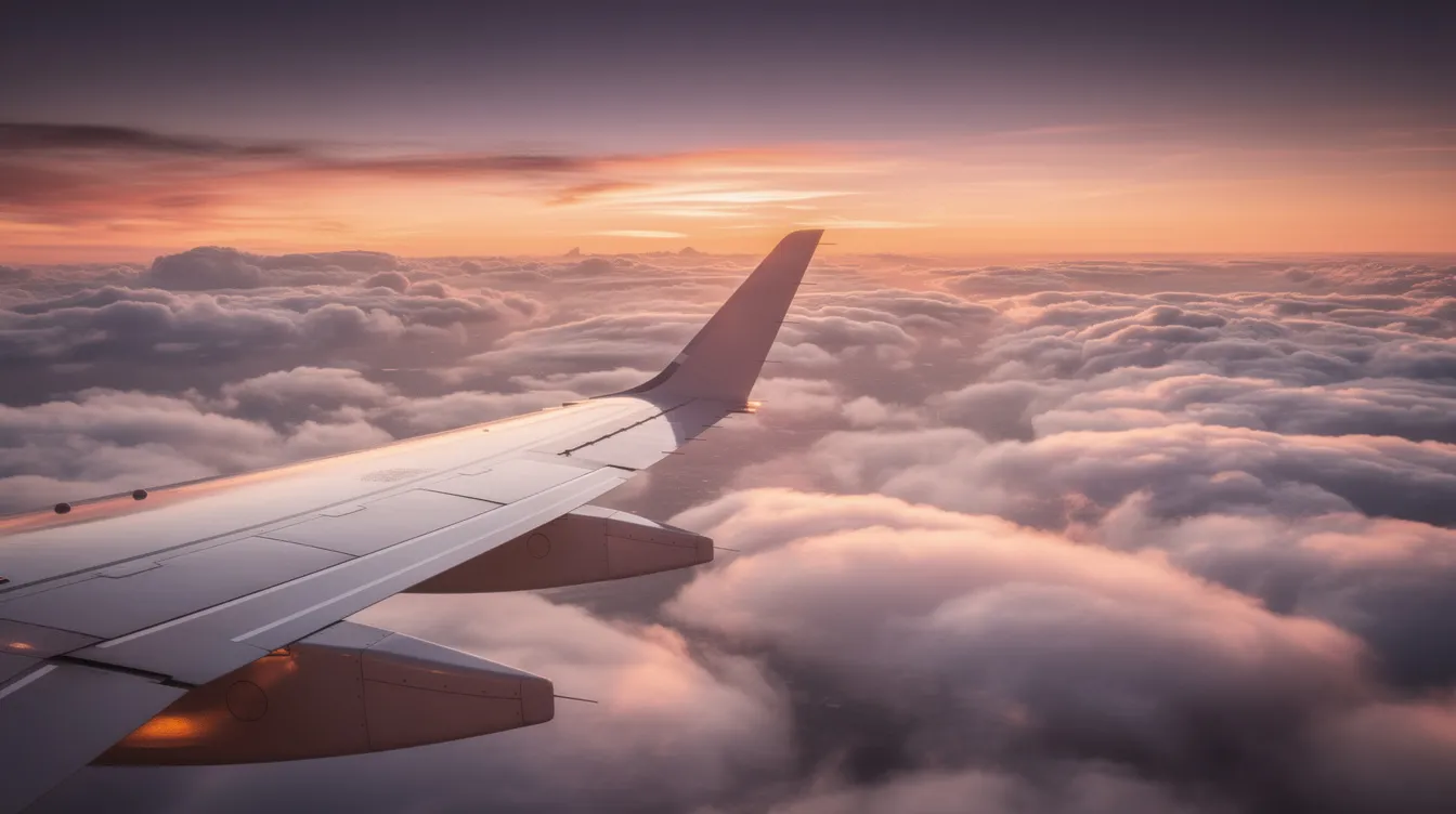 The image depicts a private jet wing soaring above a sea of fluffy clouds during a vibrant sunset, showcasing the beauty of private aviation travel. The warm hues of the sunset reflect off the wing, highlighting the luxurious experience of private jet flights.